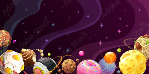 Yummy world. Colorful cartoon food planets on the space background.