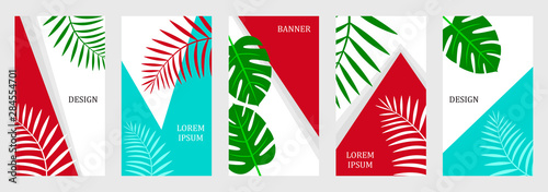 Set of templates for banners, flyers, cards, posters, backgrounds. Design with geometric shapes and tropical leaves. Five vector illustrations. Retro decor collection.