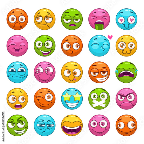 Funny cartoon emoji characters set. Round comic faces with different emotions.