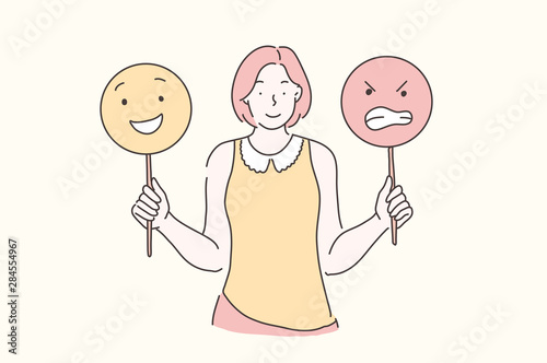 Manage Emotions, Training, Mood concept. Young beautiful woman teaches develops emotional intelligence. Teenager girl holding emoticons. Vector flat design.