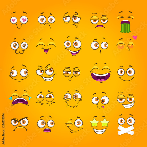 Humorous emoji set. Emoticon face collection. Funny cartoon comic faces on yellow background.