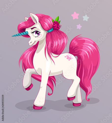 Unicorn princess, vector illustration. Beautiful white pony with long pink hair.