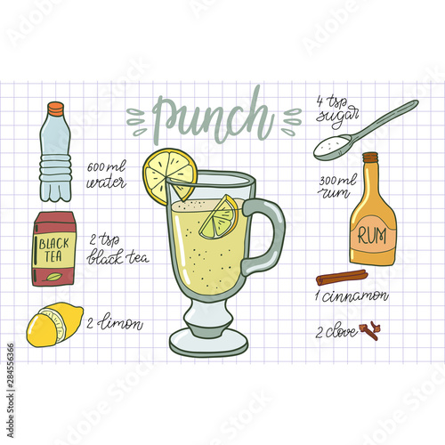 Punch ingredients, recipe with glass and ingredients. Illustration traditional hot drink at Christmas time. Autumn and winter holidays. Hand-drawn illustration.
