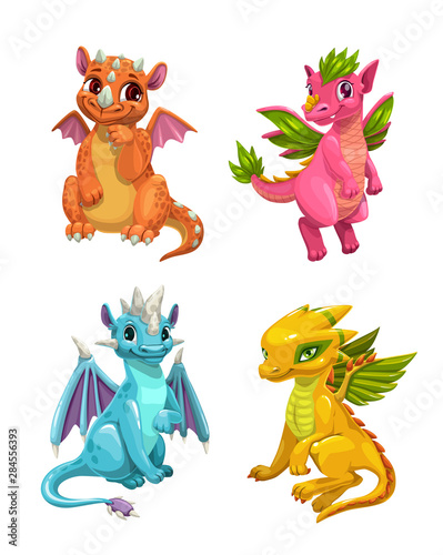 Little cute cartoon dragons set. Colotful fantasy monsters.