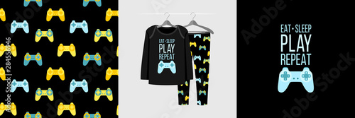 Seamless pattern and illustration for kid with gamepad and quote Eat Sleep Play Repeat