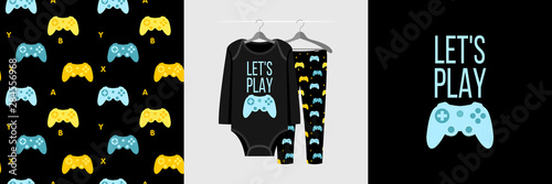 Seamless pattern and illustration for kid with gamepad and text Let's play