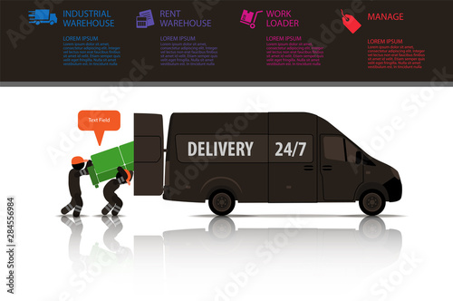 Web icons of people with infographics. Workers load the sofa in the truck