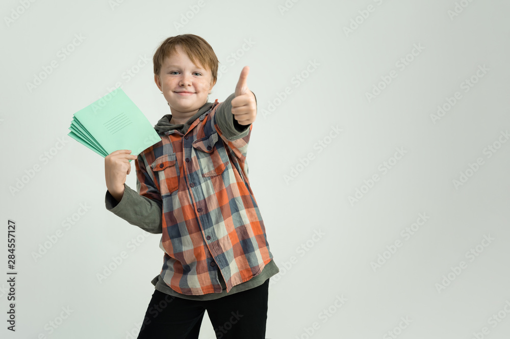 Photo is a waist-high portrait of a funny cheerful cute happy school-age boy with school notebooks in his hands. Rejoices, smiles on a white background. Shows hands. Photo is a waist-high portrait of a funny cheerful cute happy school-age boy with school notebooks in his hands. Rejoices, smiles on a white background. Shows hands.