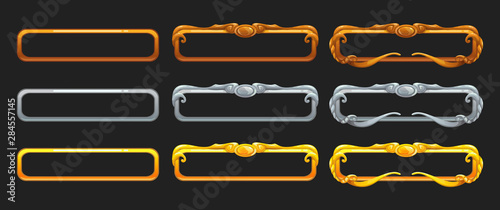 Metallic title banners set for epic game design. Golden, silver and bronze decorative frames.