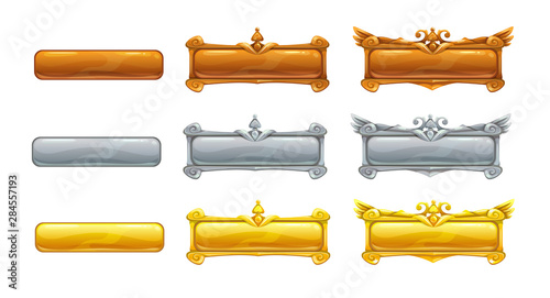 Metallic title banners set for epic game design. Golden, silver and bronze decorative frames.
