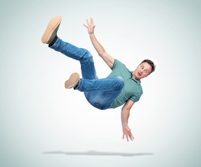 Situation, the man in casual clothes is falling. Concept of an accident