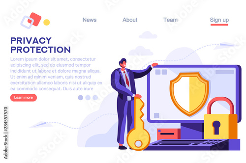 Infographic, banner with hero protect data and confidentiality. Safety and confidential data protection, concept with character saving code and check access. Cartoon flat vector illustration.