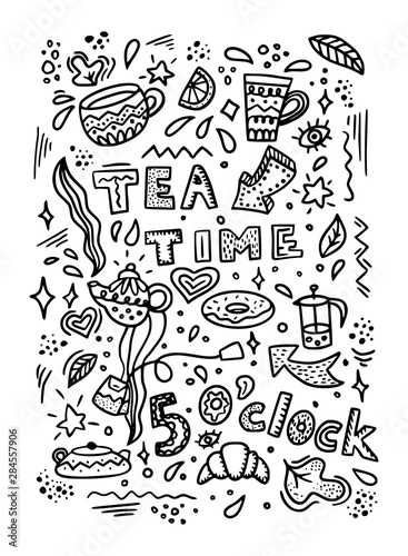 tea time pattern with hand drawn doodles