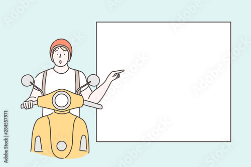 Demonstrates Advertising Promotion concept. Young man driver impressed indicates with wonder aside. Modern guy demonstrates an emptyspace for new promotion content. Vector flat design.