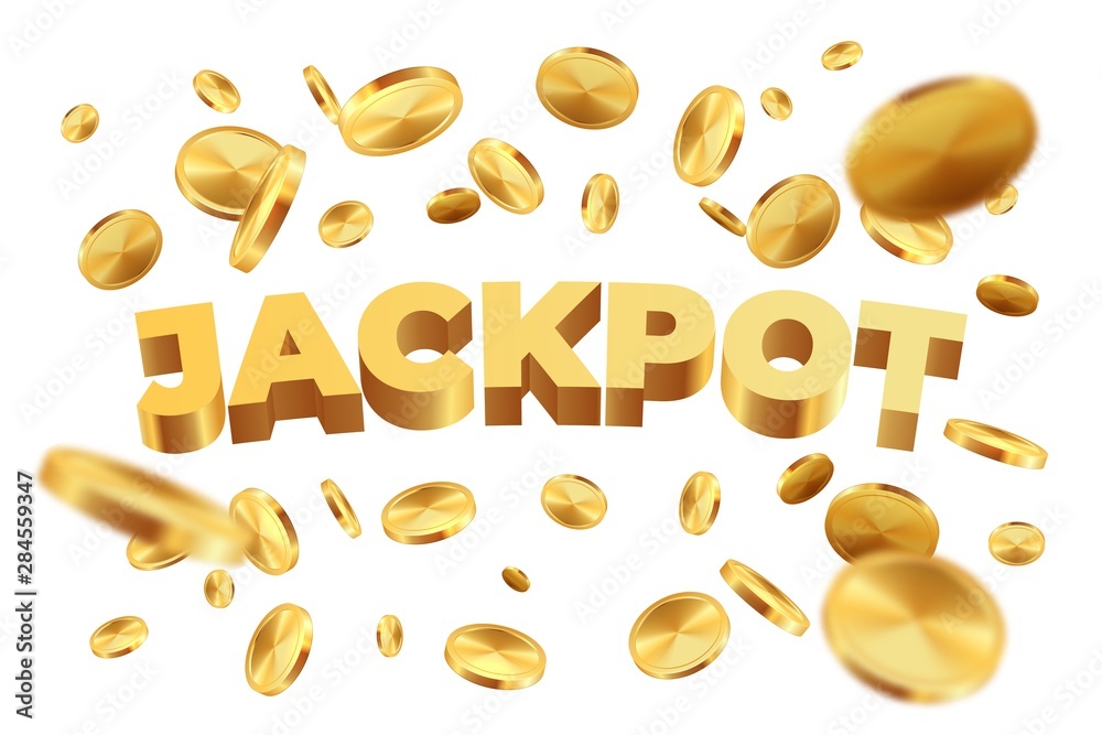 Jackpot with golden coins. Realistic jackpot yellow money rain. Vector illustration 3D falling