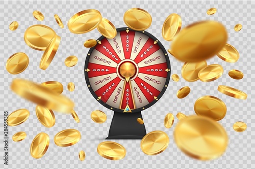 Fortune wheel with gold coins. Lucky roulette on transparent background. Vector 3D realistic image spinning casino wheels for online luxury gambling