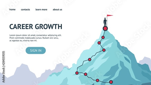 Career growth landing page. Process journey to success. Climbing to the top of mountains. Vector flat modern illustration success, achievment, motivation personal growth in business photo