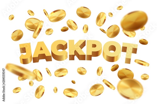 Jackpot with golden coins. Realistic jackpot yellow money rain. Vector illustration 3D falling gold sign luck on white background