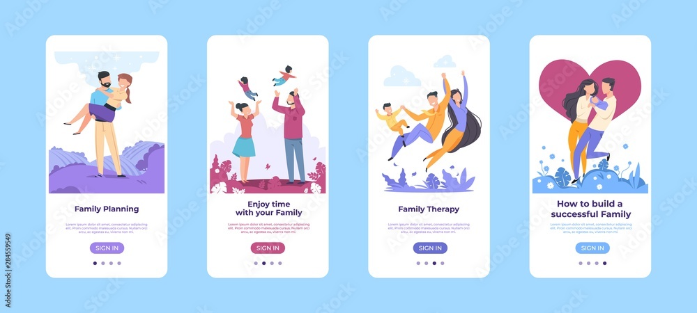 Family onboard screen. Happy cartoon characters spending time together mobile application template. Vector illustrations design healthcare website planning child for parents and couple with baby