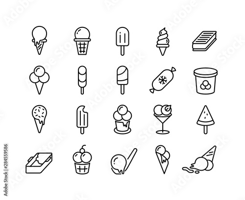 Ice cream line icons. Different types of frozen yoghurt parfait sorbet in form of ball in bucket on stick in cup. Vector illustration symbols ice cream sweet frozen food set