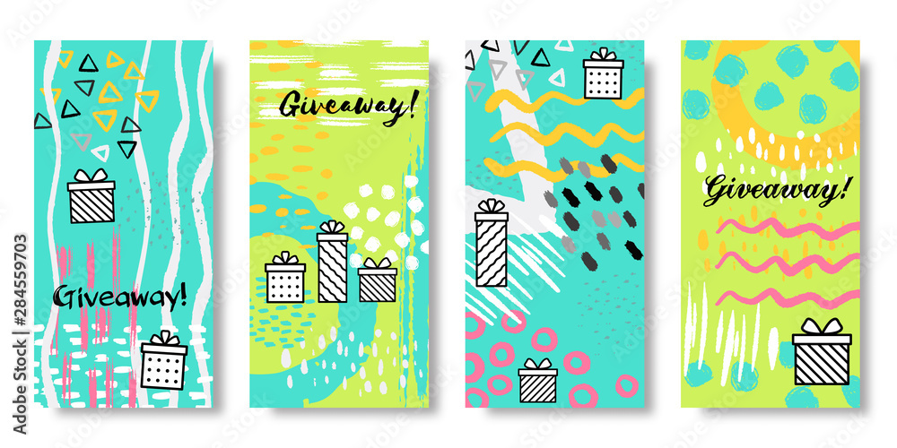 Giveaway banners. Post of sale and prizes give away, social media modern concept. Vector illustration gift boxes templates
