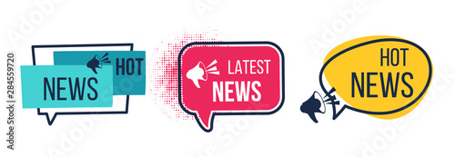 News badges. Daily hot latest and breaking news banners, newspapers and magazines announcement labels. Vector image flat headline promotions with icon megaphone
