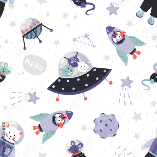 Space animals pattern. Cute cartoon baby astronauts seamless print, doodle animals in cosmos with stars and planets. Vector illustration wallpaper with cat and young animal on cosmos background