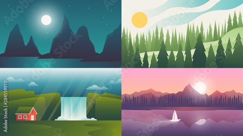 Landscape backgrounds. Travel and adventure wallpapers with gradient sky and far horizon. Vector flat drawing cartoon nature scenery set with mountains, waterfall and hill