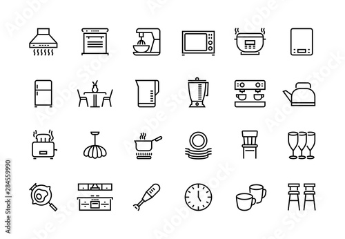 Kitchen line icons. Furniture appliances and utensils for kitchen, microwave toaster fridge blender pictograms. Vector illustration simple cooking tool set