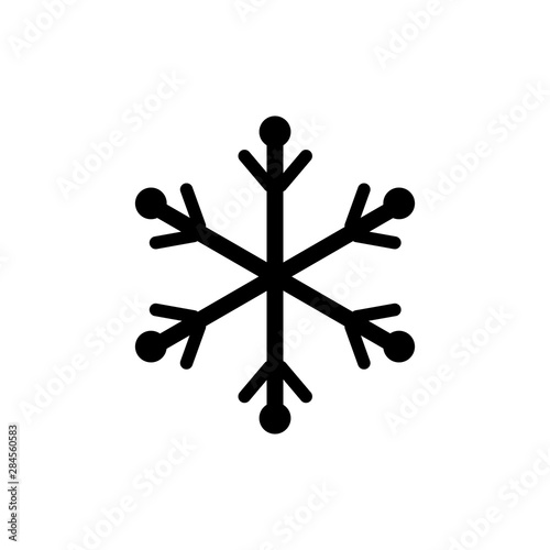Snowflake sign. Silhouette design black snowflake on white background. Symbol of Christmas holiday season. Monochrome template for prints, card. Isolated graphic element. Flat vector illustration.