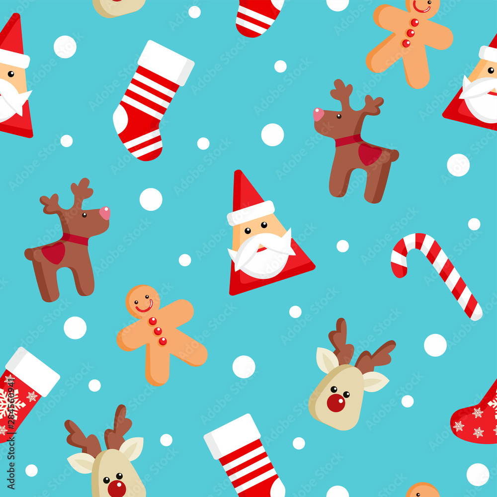 Vector seamless pattern with santa claus, candy, deer, gingerbread men, snowflakes of Happy New Year and Christmas Day.Christmas backgrounds collection. Can be used for wallpaper, pattern fills