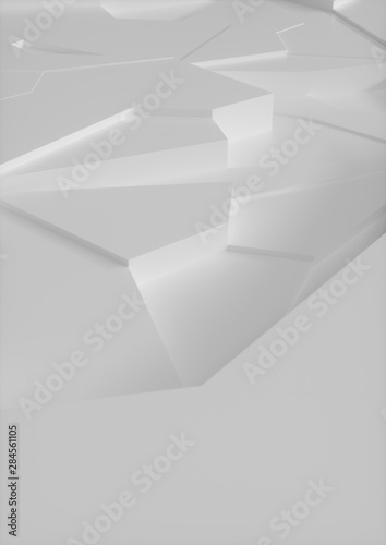 Background illustration cover with Low poly ice block geometry, pure white with free space and depth of field.