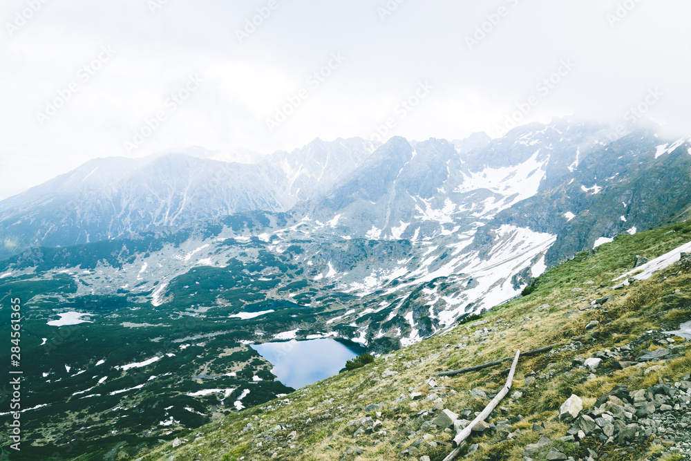 Obraz premium Beautiful view to group of glacial lakes from Kasprowy Wierch range.