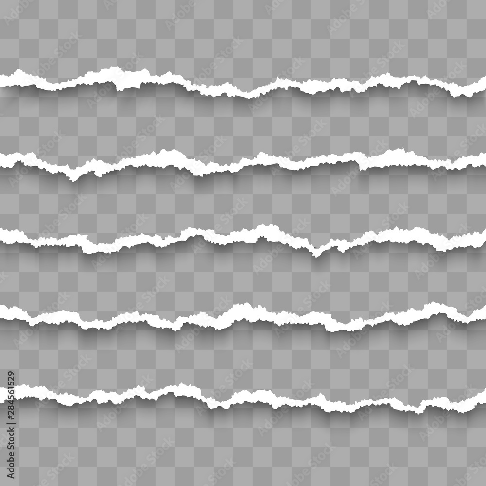 Fototapeta premium Set of horizontal seamless torn white paper with shadow. Damaged cardboard borders. Vector illustration isolated on transparent background
