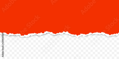 Scrap of torn red paper with shadow. Damaged cardboard borders. Vector illustration isolated on transparent background