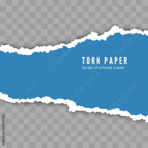 Scrap of torn white paper with shadow. Damaged cardboard borders. Vector illustration isolated on transparent background