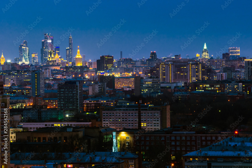 Obraz premium Above view of Moscow cityscape at sunset