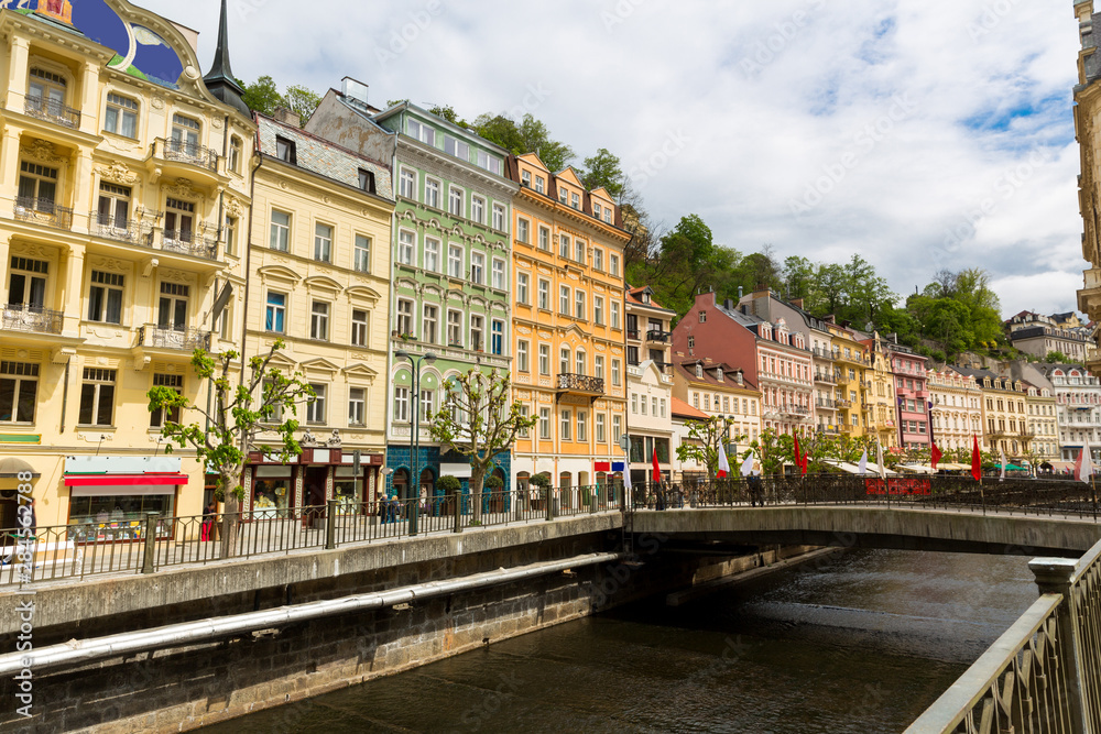 City river and outdoor cafes, Karlovy Vary
