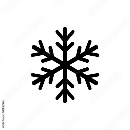 Snowflake sign. Silhouette design black snowflake on white background. Symbol of Christmas holiday season. Monochrome template for prints, card. Isolated graphic element. Flat vector illustration.