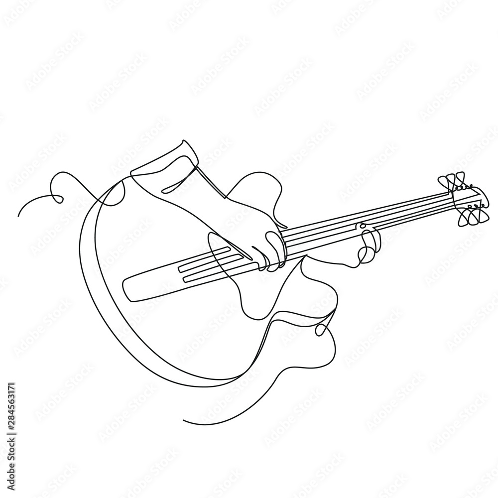Obraz premium Musician plays the guitar one line drawing on white isolated background. Vector illustration