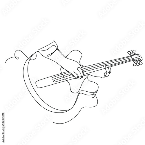 Musician plays the guitar one line drawing on white isolated background. Vector illustration