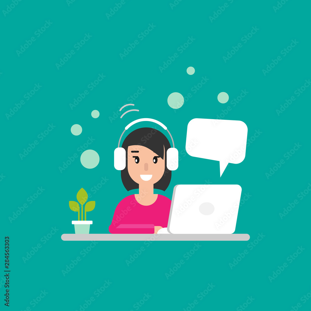 Happy freelancer girl on computer with speech bubble. flat vector cartoon illustration on turquoise background. Happy freelancer girl on computer with speech bubble. flat vector cartoon illustration on turquoise background.