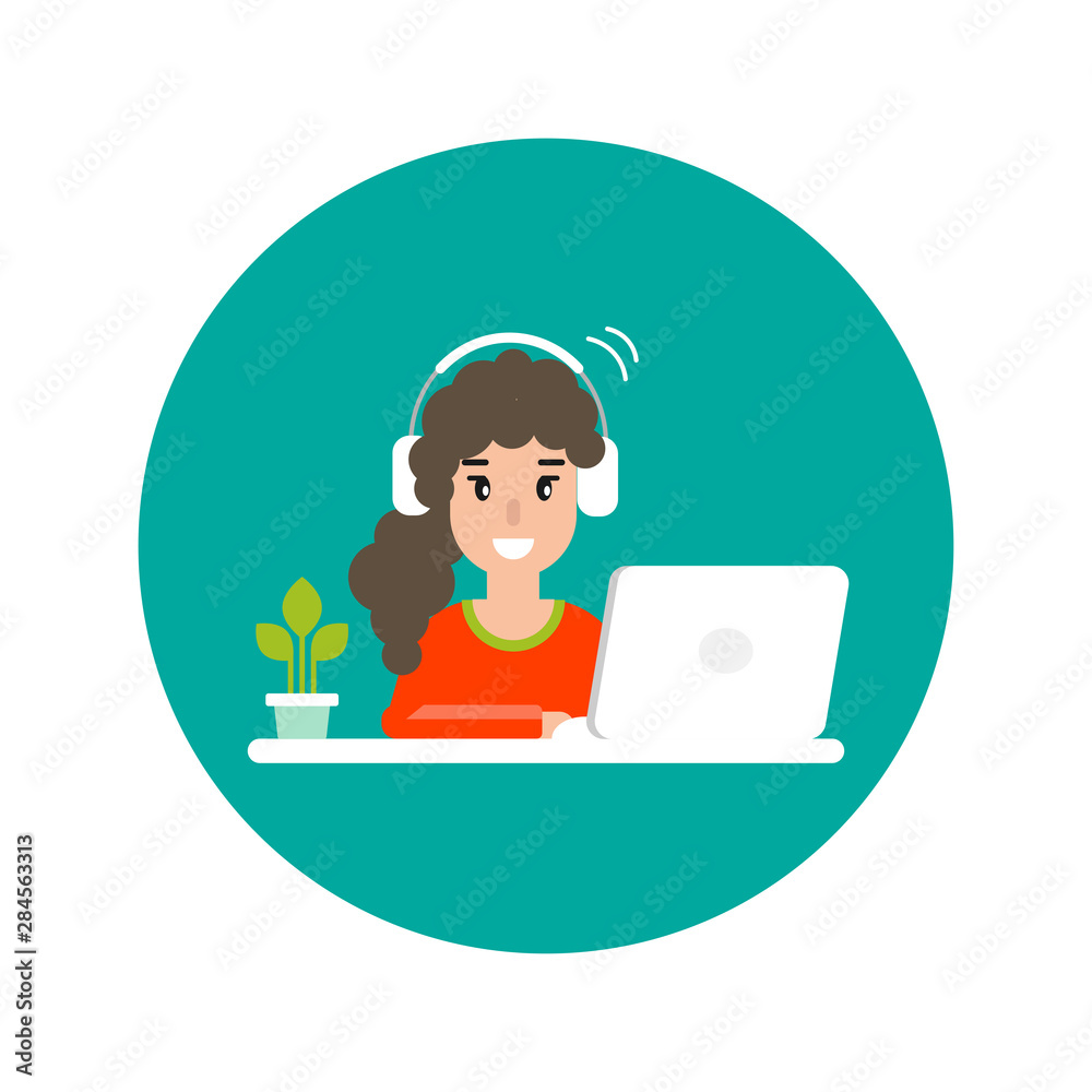 cute freelancer girl on computer with earphones. cute freelancer girl on computer with earphones.