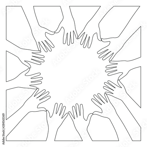 Hands touching fingers creating a shape in the form of a circle one line drawing on white isolated background. Vector illustration