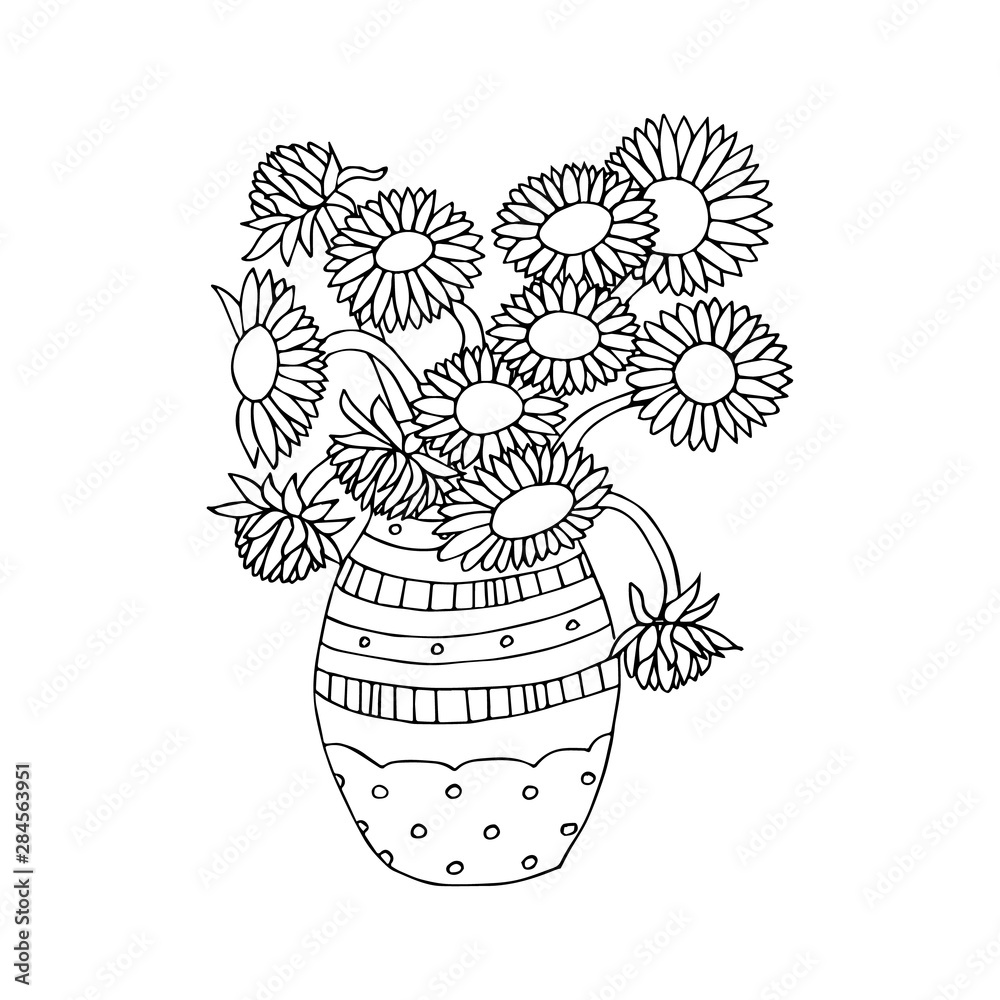 Sunflowers in a vase. Doodle coloring page. Vector illustration. Stock ...