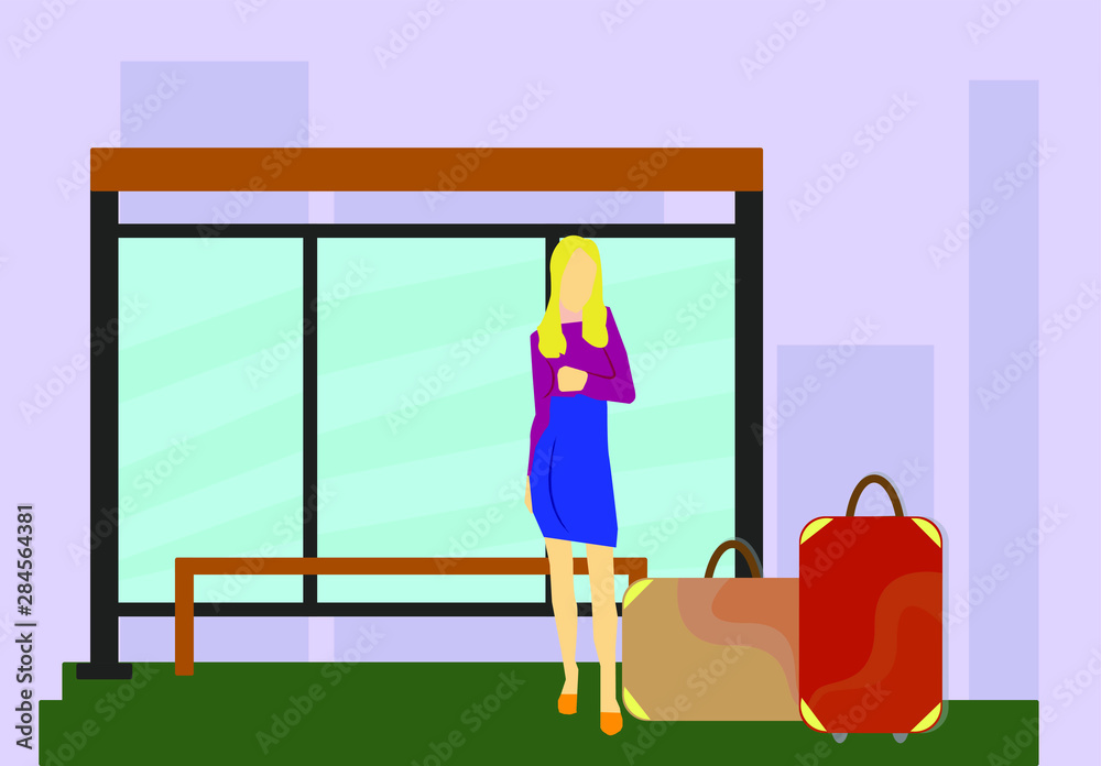 Girl with suitcases at a public transport stop. Vector drawing of a girl at a bus stop.
