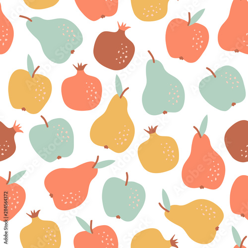 Pastel seamless pattern with hand drawn fruit in cartoon style. Flat background: apple,  pear and garnet. Summer vector illustration