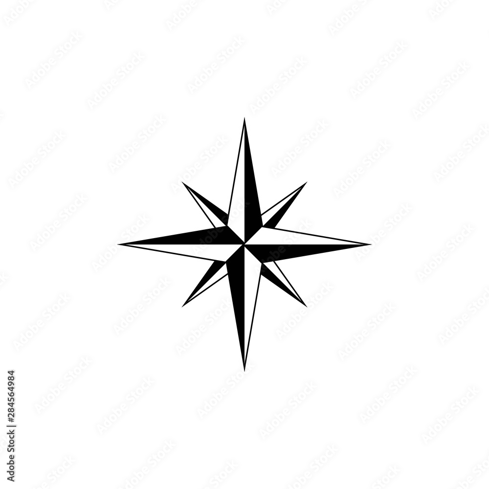 flat black windrose icon isolated on white. compass traveler sign. Vector flat illustration.