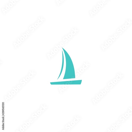 Flat blue silhouette of yacht with sails and flag. Isolated on white background.