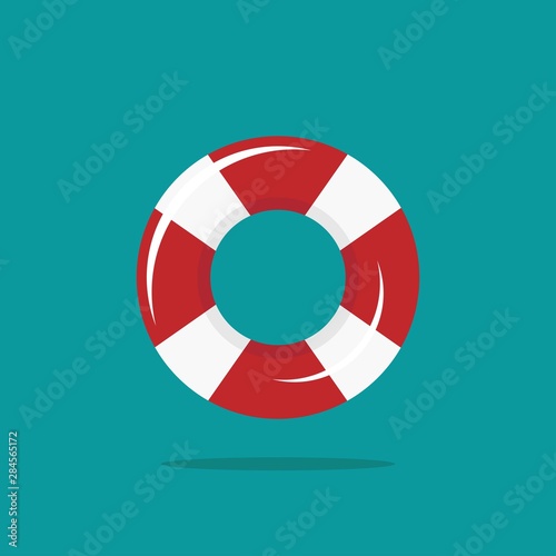 swimming rubber ring on blue background. Floating lifebuoy, toy for beach or ship.